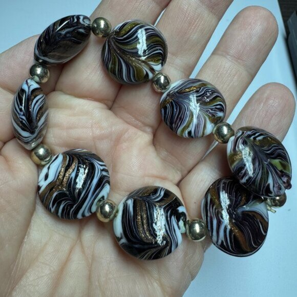 Art Glass Round Penny Beads Bracelet Stretchy Gold Black White - Picture 4 of 4